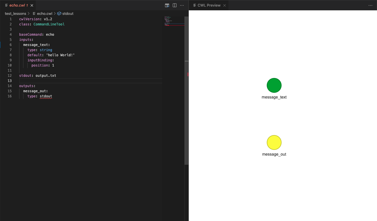 Two side by side VSCode windows. The left one shows the tool descriptor code, the right one the tool input and outputs sketched from that code.